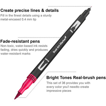 Μαρκαδόροι για βιβλία ζωγραφικής για ενήλικες χωρίς αιμορραγία, σετ 36 χρωμάτων, στυλό χρωματισμού Μαρκαδόροι διπλής βούρτσας με λεπτές άκρες και βούρτσες