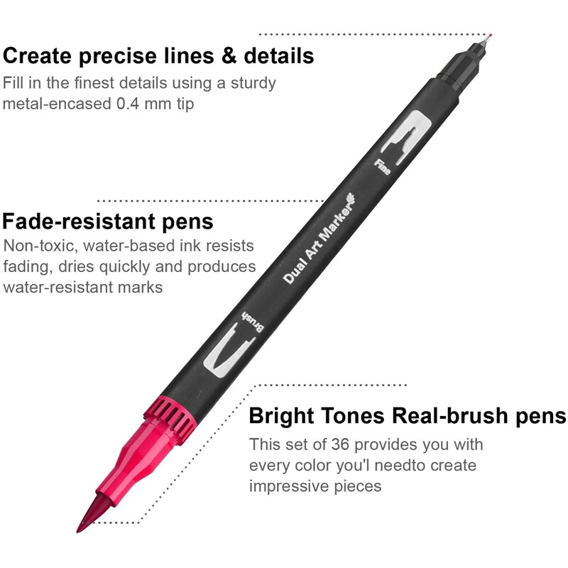 Žymekliai suaugusiems skirtoms spalvinimo knygoms Nekraujuoja, 36 spalvų rinkinys, spalvinimo rašikliai Dviejų šepetėlių žymekliai su smulkiais ir teptuko antgaliais