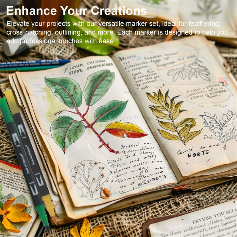 Žymekliai suaugusiems skirtoms spalvinimo knygoms Nekraujuoja, 36 spalvų rinkinys, spalvinimo rašikliai Dviejų šepetėlių žymekliai su smulkiais ir teptuko antgaliais