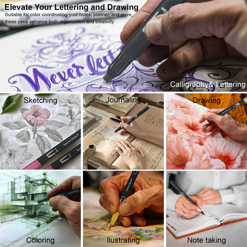 Žymekliai suaugusiems skirtoms spalvinimo knygoms Nekraujuoja, 36 spalvų rinkinys, spalvinimo rašikliai Dviejų šepetėlių žymekliai su smulkiais ir teptuko antgaliais