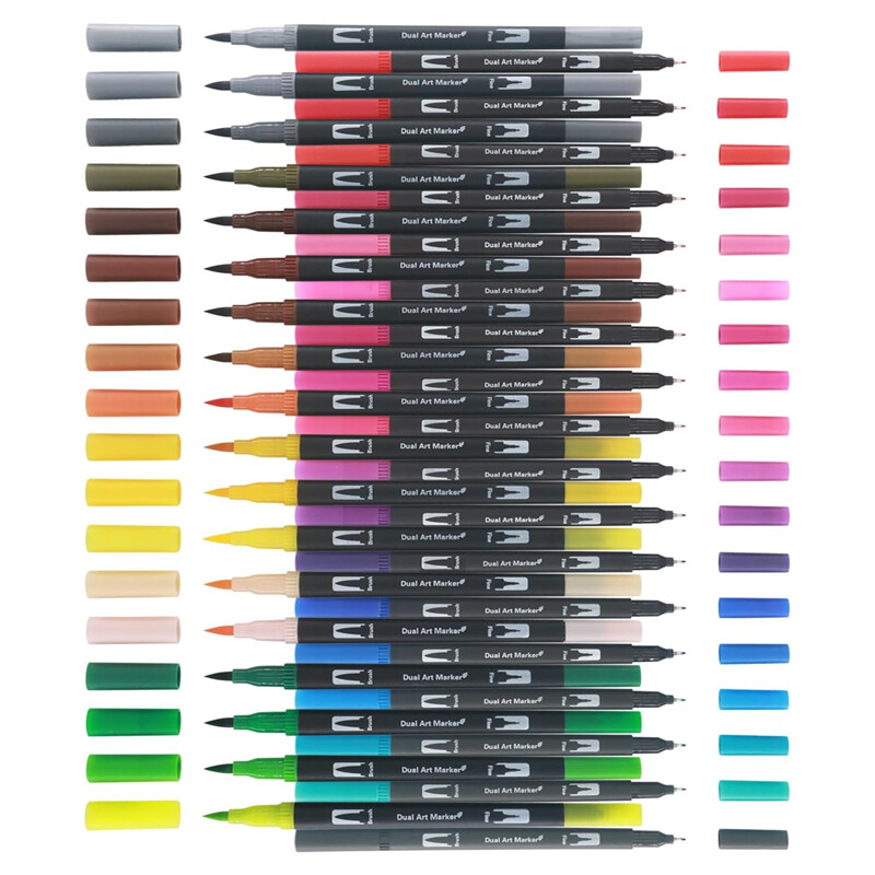 Žymekliai suaugusiems skirtoms spalvinimo knygoms Nekraujuoja, 36 spalvų rinkinys, spalvinimo rašikliai Dviejų šepetėlių žymekliai su smulkiais ir teptuko antgaliais