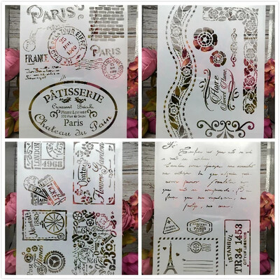 4 τεμ/Παρτίδα A4 Paris Stamps DIY Layering Stencils Wall Painting Scrapbook Coloring ανάγλυφο άλμπουμ Διακοσμητικό χάρτινο πρότυπο κάρτας