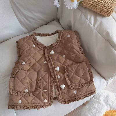 Veste calde matlasate pentru fete, toamna iarna pentru copii, vestă cu broderie inimă pentru bebeluși, căptușeală fleece îmbrăcăminte exterioară îngroșată
