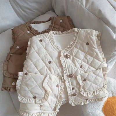Veste calde matlasate pentru fete, toamna iarna pentru copii, vestă cu broderie inimă pentru bebeluși, căptușeală fleece îmbrăcăminte exterioară îngroșată