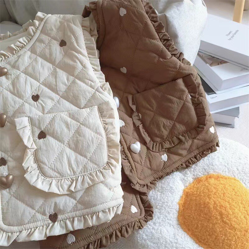 Veste calde matlasate pentru fete, toamna iarna pentru copii, vestă cu broderie inimă pentru bebeluși, căptușeală fleece îmbrăcăminte exterioară îngroșată