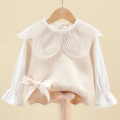 Primavara toamna Pulover pentru bebelusi vesta vesta fete fara mâneci Vesta de tricotat pentru copii, cu fundă, îmbogățită cu fundă