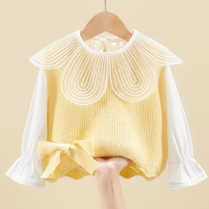 Primavara toamna Pulover pentru bebelusi vesta vesta fete fara mâneci Vesta de tricotat pentru copii, cu fundă, îmbogățită cu fundă