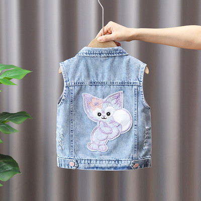 Vestă ocazională pentru copii Vestă de blugi pentru fete Jachetă de blugi albastru deschis Toamnă, fără mâneci, haină scurtă, vestă pentru copii.