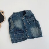 2024 Есен Нова детска ретро дънкова жилетка Момчета Модно яке без ръкави Момичета Ежедневна жилетка Палто с джоб за малко дете Детски дрехи