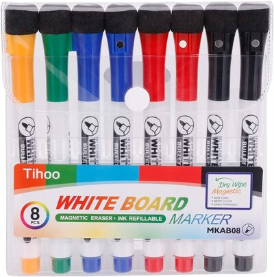 Tenwin 8 buc Markere magnetice cu ștergere uscată Markere magnetice ștergebile pentru tablă albă pentru copii, profesori, cu vârf fin