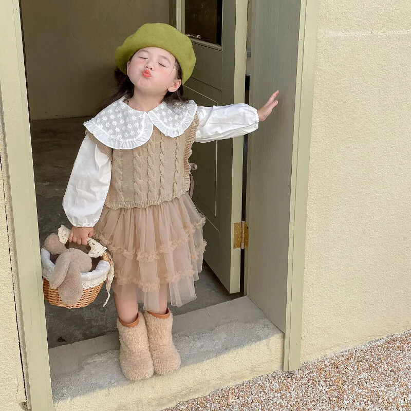 Kudumine Vest Lasteriided Sügis Talv Uus Korea versioon Tüdrukute Kamisol Triibuline Lihtne Lahtine Puuvillane Mood