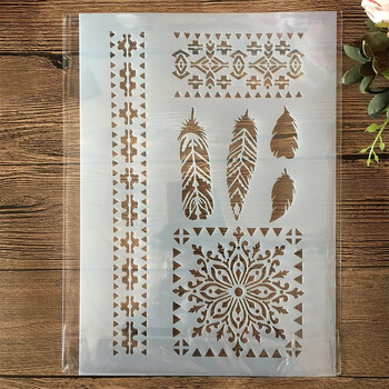 4Pcs A4 29*21cm Mandala Feather Tassel Net DIY Layering Stencils Painting Scrapbook Оцветяване Релефен албум Декоративен шаблон