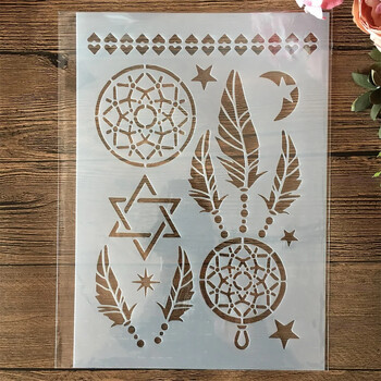 4Pcs A4 29*21cm Mandala Feather Tassel Net DIY Layering Stencils Painting Scrapbook Оцветяване Релефен албум Декоративен шаблон