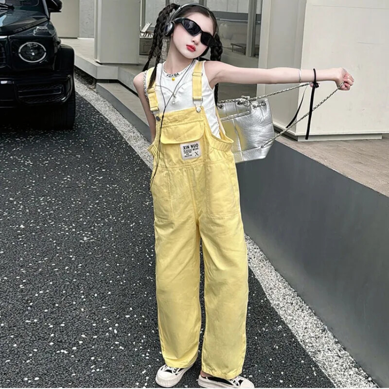 Suvised laste teksakombinesoonid 2024, uus kollane mood, vaba tüdrukute kombinesoon, vabaaja universaalsed teismeliste püksid 4–12-aastastele lastele