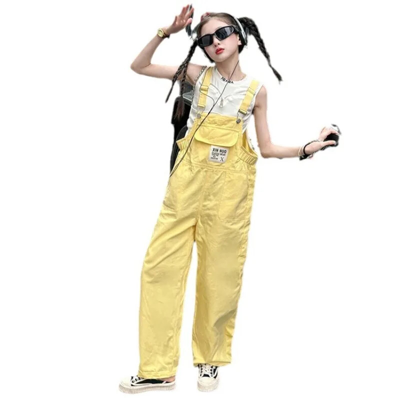 Suvised laste teksakombinesoonid 2024, uus kollane mood, vaba tüdrukute kombinesoon, vabaaja universaalsed teismeliste püksid 4–12-aastastele lastele