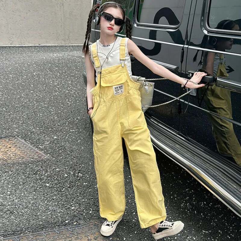 Suvised laste teksakombinesoonid 2024, uus kollane mood, vaba tüdrukute kombinesoon, vabaaja universaalsed teismeliste püksid 4–12-aastastele lastele