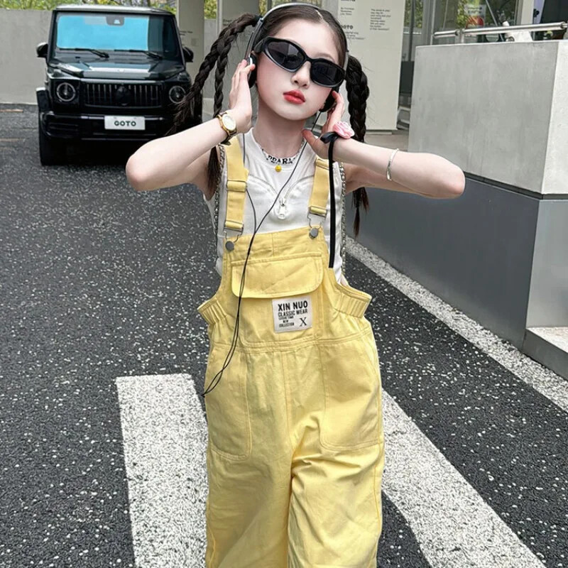 Suvised laste teksakombinesoonid 2024, uus kollane mood, vaba tüdrukute kombinesoon, vabaaja universaalsed teismeliste püksid 4–12-aastastele lastele