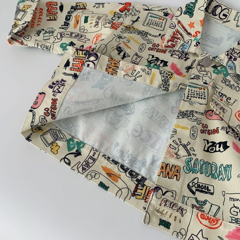 2024. aasta sügisene laste grafiti denim Jakcets Poiste lahtikäiv krae Mantel Tüdrukute vaba vabaaja ülerõivad Kardigan