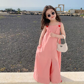 Suvised lapsed Tüdrukute Püksid Ühevärvilised õlapaeltega Jumpsuit Laia säärega püksid Puuvillane Beebi Tüdrukute Jumpsuits Lasteriided 3-8A