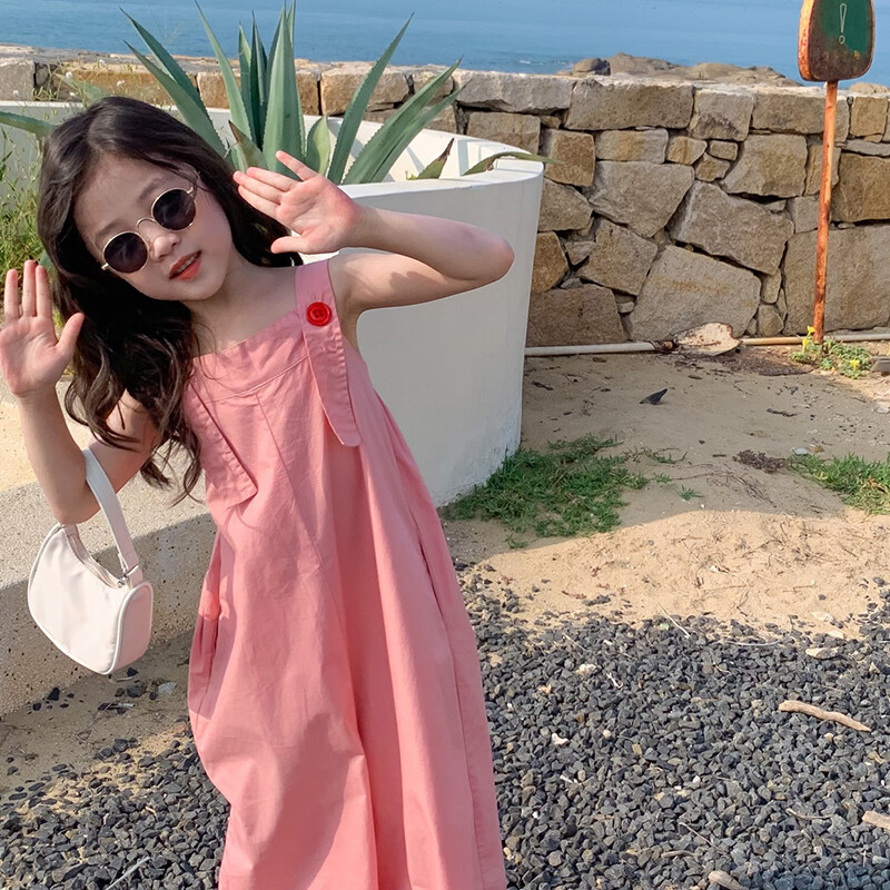 Suvised lapsed Tüdrukute Püksid Ühevärvilised õlapaeltega Jumpsuit Laia säärega püksid Puuvillane Beebi Tüdrukute Jumpsuits Lasteriided 3-8A