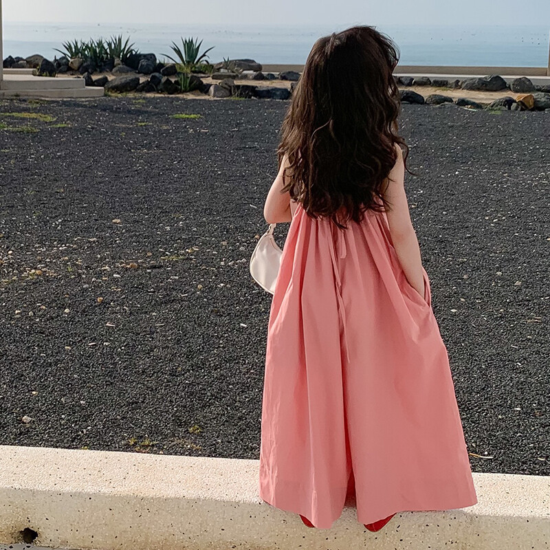 Suvised lapsed Tüdrukute Püksid Ühevärvilised õlapaeltega Jumpsuit Laia säärega püksid Puuvillane Beebi Tüdrukute Jumpsuits Lasteriided 3-8A