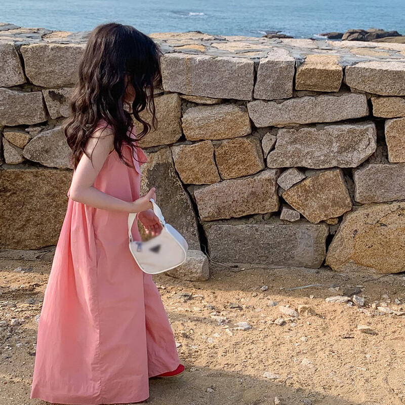 Suvised lapsed Tüdrukute Püksid Ühevärvilised õlapaeltega Jumpsuit Laia säärega püksid Puuvillane Beebi Tüdrukute Jumpsuits Lasteriided 3-8A