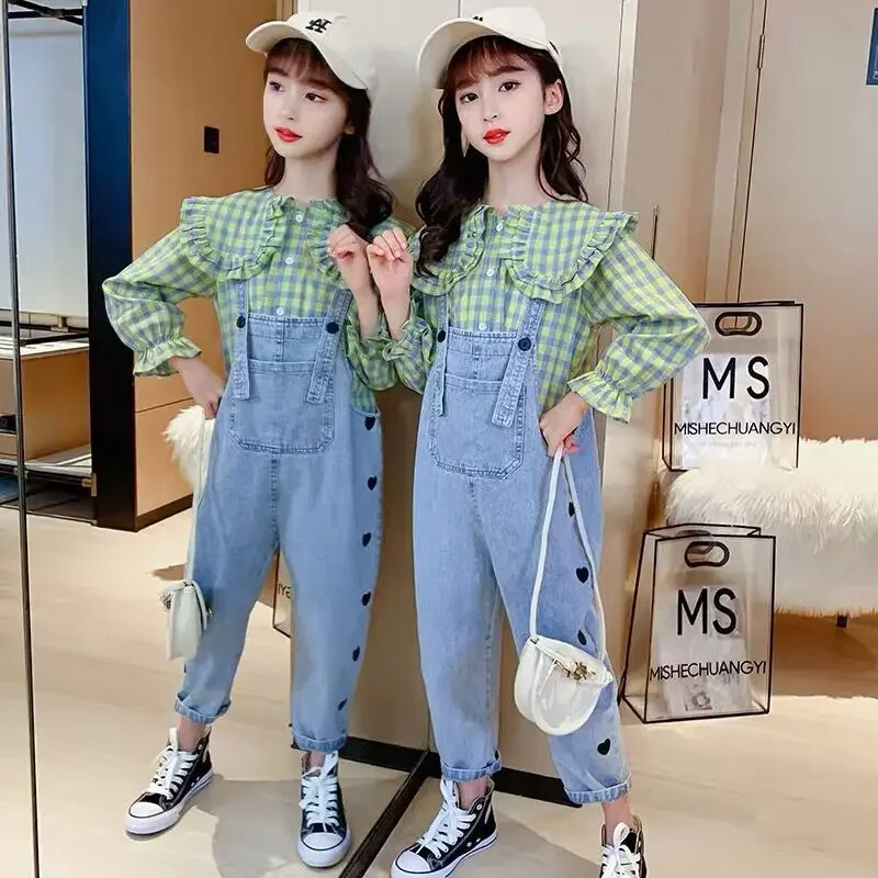 5-15a lastele Kombinesoonid Kevad-Sügis Tüdrukud Denim Jumpsuits Kärbitud püksid Prindiga vabaaja armsad hingavad lasterõivad Riie Hw29