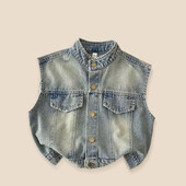 Dječji traper prsluk Jesen 2024. Novi korejski djevojački okrugli izrez Široka jakna bez rukava Modni svestrani prsluk za dječake