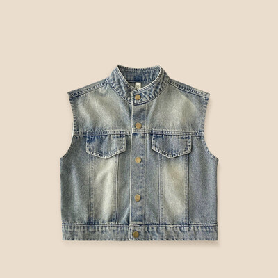 Dječji traper prsluk Jesen 2024. Novi korejski djevojački okrugli izrez Široka jakna bez rukava Modni svestrani prsluk za dječake