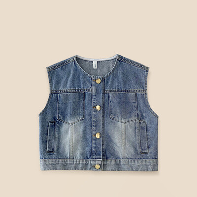 Dječji traper prsluk Jesen 2024. Novi korejski djevojački okrugli izrez Široka jakna bez rukava Modni svestrani prsluk za dječake