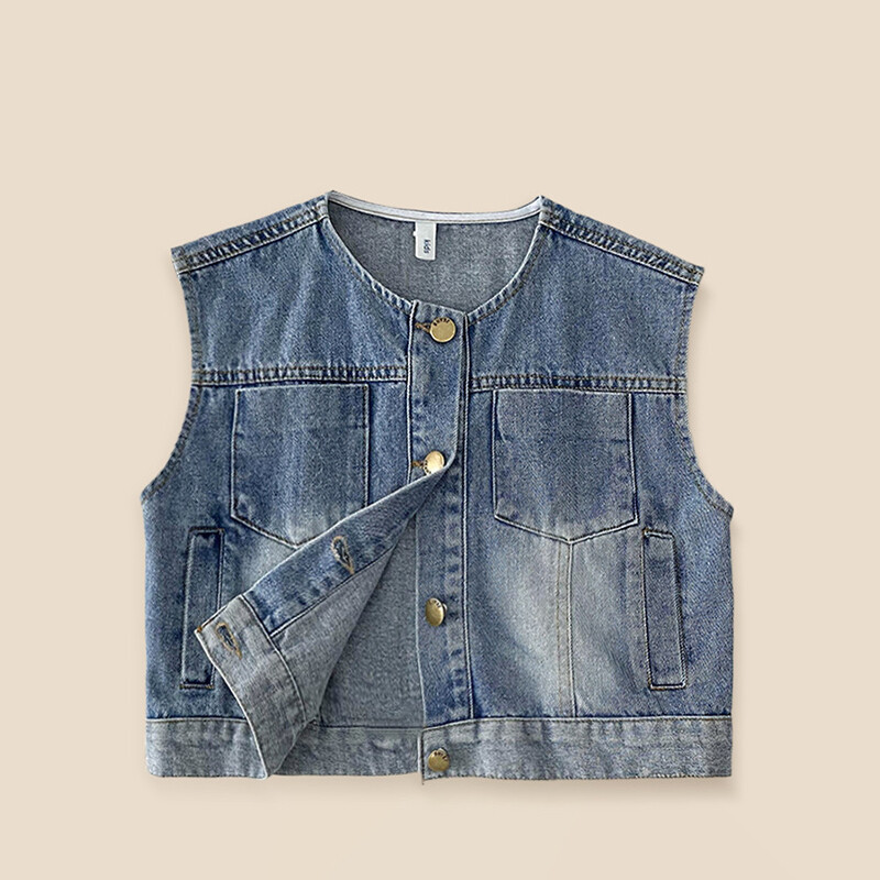 Dječji traper prsluk Jesen 2024. Novi korejski djevojački okrugli izrez Široka jakna bez rukava Modni svestrani prsluk za dječake