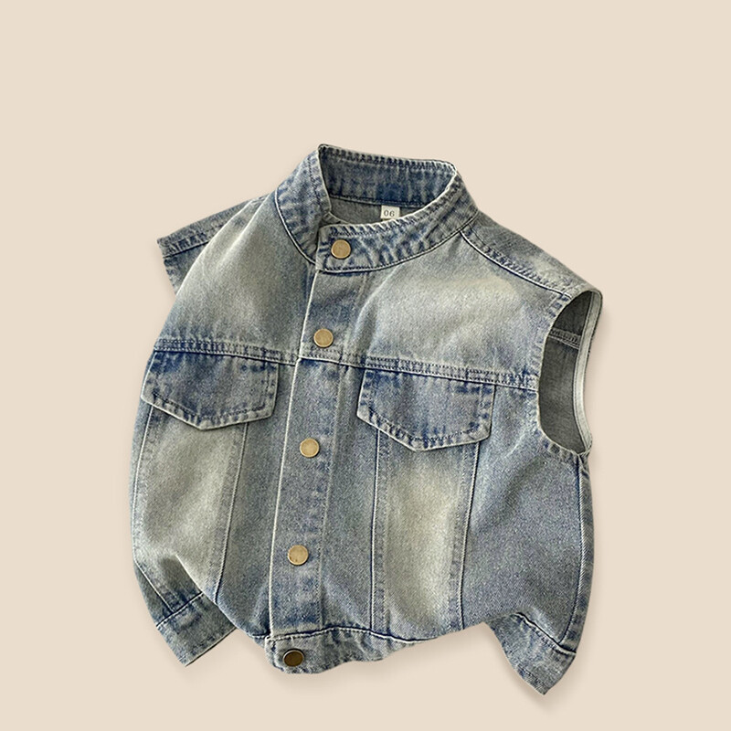 Dječji traper prsluk Jesen 2024. Novi korejski djevojački okrugli izrez Široka jakna bez rukava Modni svestrani prsluk za dječake