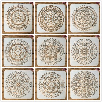 9Pcs/Paket 20*20cm Mandala Okrugla Geometrija DIY Šablone za slojeve Slikanje Spomenar Bojanje Album za utiskivanje Ukrasni predložak