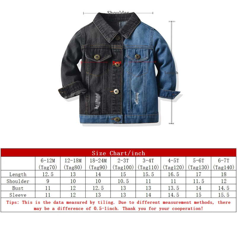 Dječja, ležerna traper jakna od 70-140 cm za dječake, crno-plava, modna ulična jean jakna za dječake sa spojenim bojama, spuštenim ovratnikom s rupom