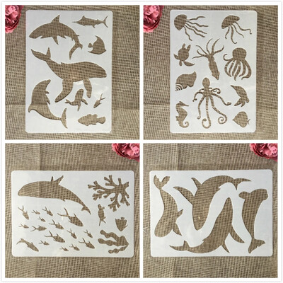 4Pcs A4 29cm Whale Shark Dolphin Jellyfish DIY Layering Stencils Painting Scrapbook Coloring Embossing Album Decorative Template