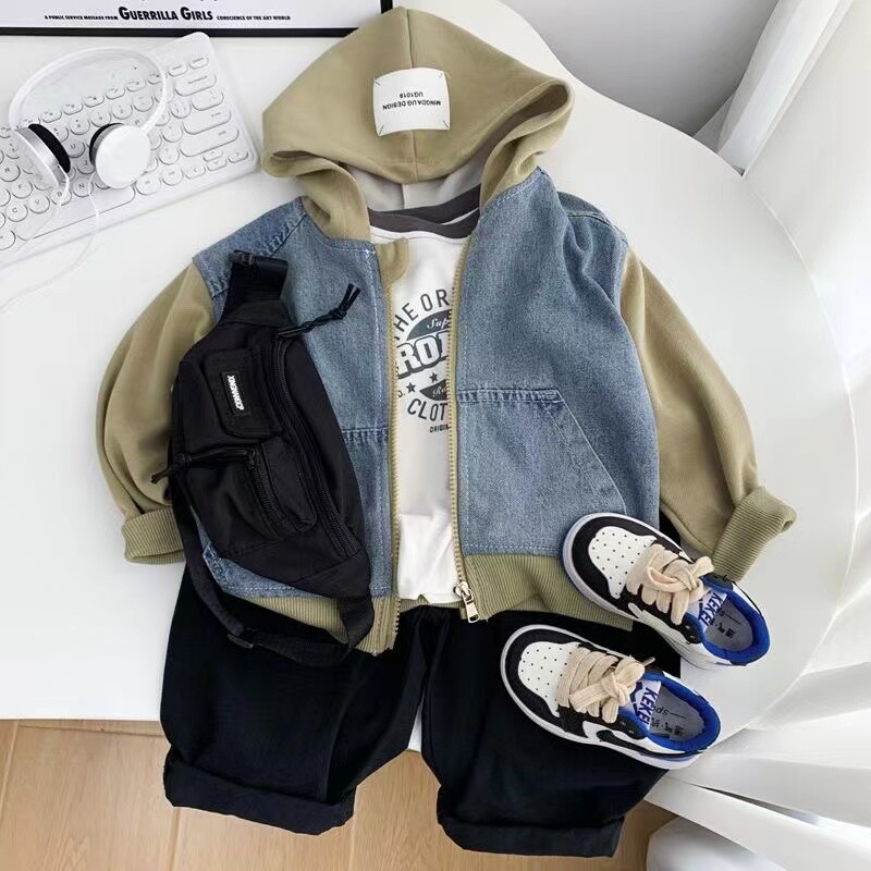 Kevadine sügisene teksajakk poisile, tüdrukule, uus korea versioon, moodne lapiline kapuutsiga mantel, vabaaja lasteriided