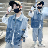 Îmbrăcăminte pentru copii Vestă de blugi băieți Buzunar mare pentru copii, primăvară, vară, vestă de jeans, jachetă fără mâneci, îmbrăcăminte exterioară, vestă pentru băiat, top casual
