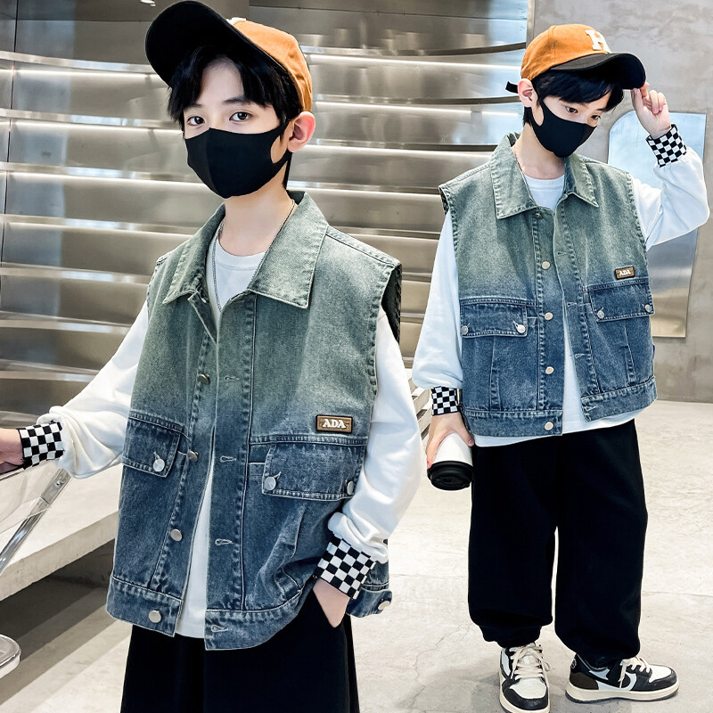 Îmbrăcăminte pentru copii Vestă de blugi băieți Buzunar mare pentru copii, primăvară, vară, vestă de jeans, jachetă fără mâneci, îmbrăcăminte exterioară, vestă pentru băiat, top casual