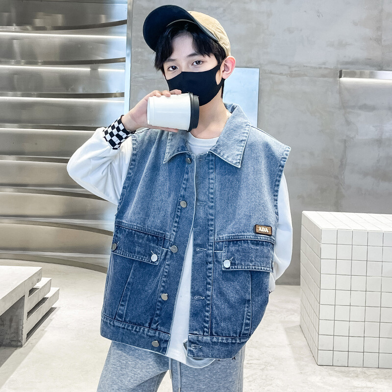 Îmbrăcăminte pentru copii Vestă de blugi băieți Buzunar mare pentru copii, primăvară, vară, vestă de jeans, jachetă fără mâneci, îmbrăcăminte exterioară, vestă pentru băiat, top casual