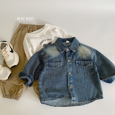 Dječja odjeća, dječja traper košulja, nova jesen 2024., moderna, korejski stil, jednobojna zgodna traper jakna za dječake, dugih rukava