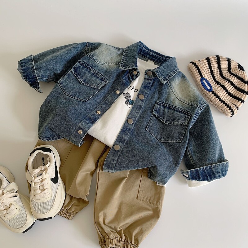 Dječja odjeća, dječja traper košulja, nova jesen 2024., moderna, korejski stil, jednobojna zgodna traper jakna za dječake, dugih rukava