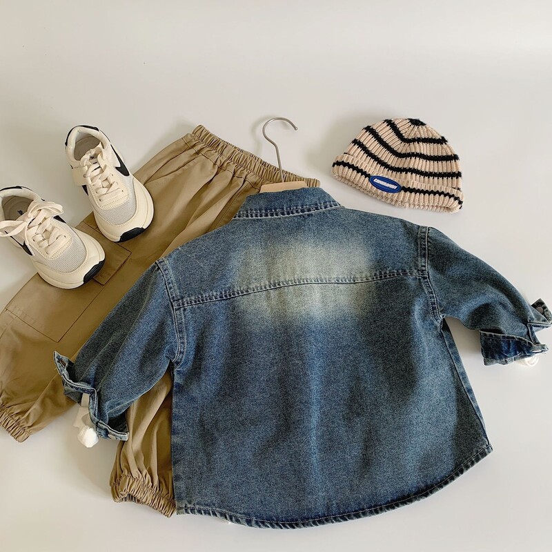 Dječja odjeća, dječja traper košulja, nova jesen 2024., moderna, korejski stil, jednobojna zgodna traper jakna za dječake, dugih rukava