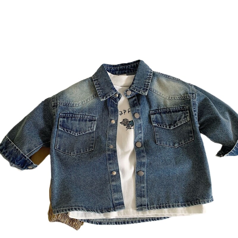 Dječja odjeća, dječja traper košulja, nova jesen 2024., moderna, korejski stil, jednobojna zgodna traper jakna za dječake, dugih rukava