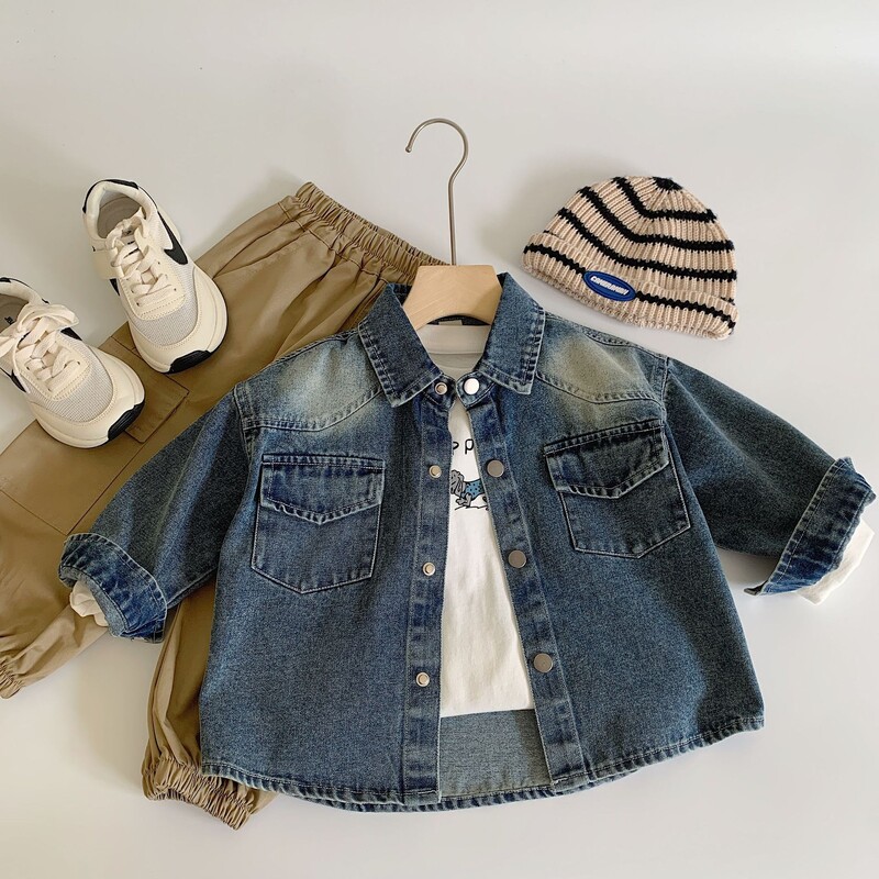 Dječja odjeća, dječja traper košulja, nova jesen 2024., moderna, korejski stil, jednobojna zgodna traper jakna za dječake, dugih rukava