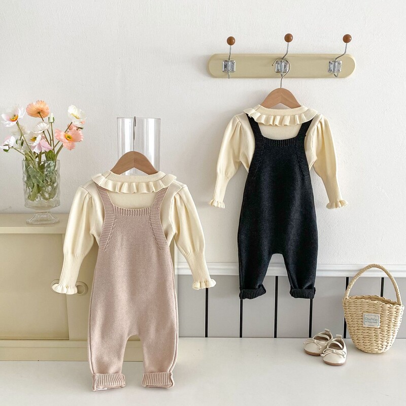 Pantaloni cu bretele pentru fetițe de toamnă, tricotați uni, pulover pentru fete, salopete din fire de bumbac, salopetă elegantă de buzunar pentru copii mici
