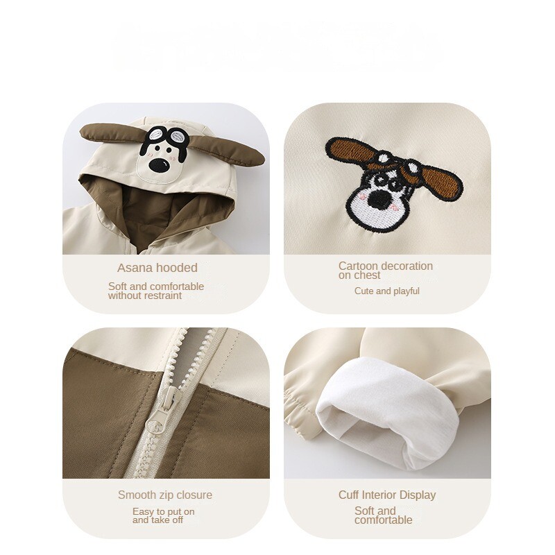 Ins Kevad Sügis Beebipoisid Jope Puuvillane Kapuutsiga Tasku Multifilm Koer Tõmblukk Wram Väikelapse poisid Ülerõivad Laste Poiste Mantel