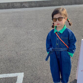 Salopete din denim pentru fete, toamnă 2022, pentru copii, cu mânecă lungă, cu guler răsturnat, pentru copii, pantaloni dintr-o bucată