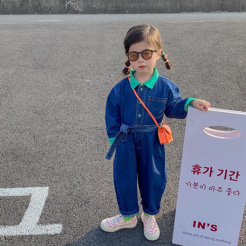 Salopete din denim pentru fete, toamnă 2022, pentru copii, cu mânecă lungă, cu guler răsturnat, pentru copii, pantaloni dintr-o bucată