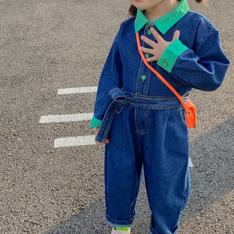 Salopete din denim pentru fete, toamnă 2022, pentru copii, cu mânecă lungă, cu guler răsturnat, pentru copii, pantaloni dintr-o bucată