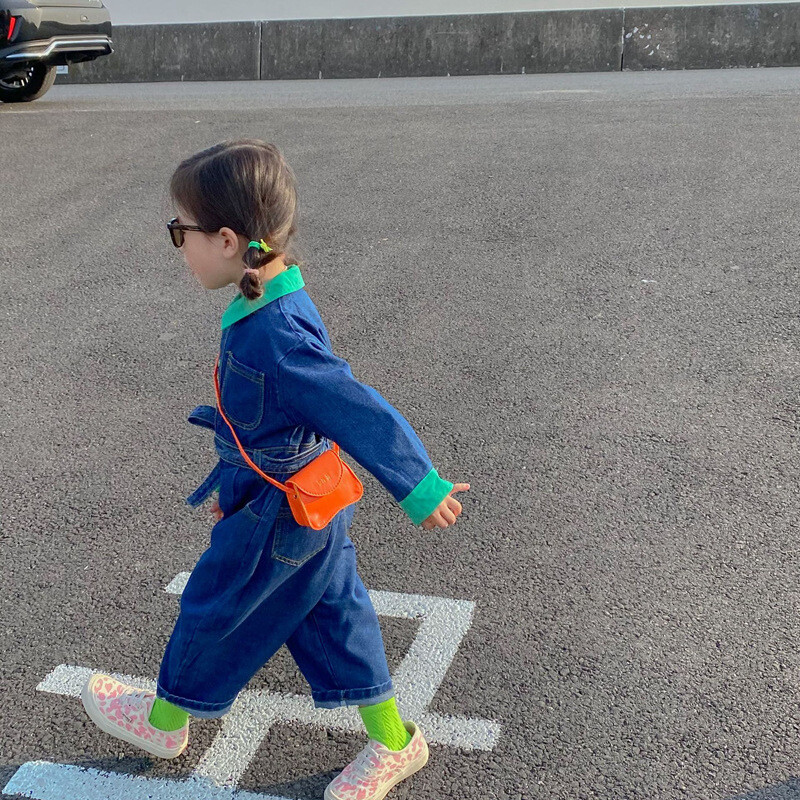 Salopete din denim pentru fete, toamnă 2022, pentru copii, cu mânecă lungă, cu guler răsturnat, pentru copii, pantaloni dintr-o bucată